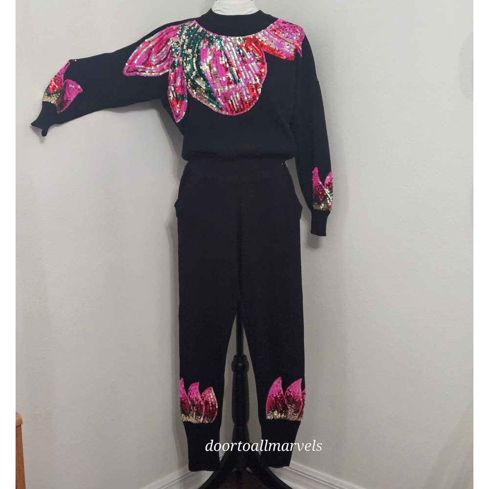 Souk + SEPIA Sequined Knit Sweater Pants Set Retro '80s Glam Bling Artsy sz M